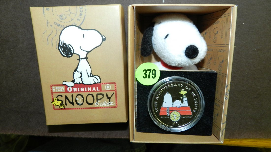 Snoopy - 60th Anniversary of Peanuts Coin British: Snoopy - 60th Anniversary of Peanuts Coin British Virgin Islands 2010 coloured, in box with Snoopy plush doll