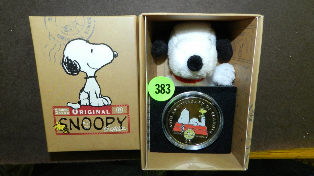 Snoopy - 60th Anniversary of Peanuts Coin British: Snoopy - 60th Anniversary of Peanuts Coin British Virgin Islands 2010 coloured, in box with Snoopy plush doll