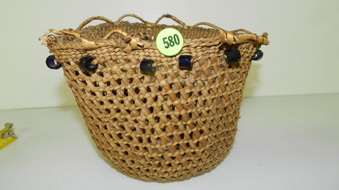 Antique / Vintage original hand woven Native American: Antique / Vintage original hand woven Native American Quinault basket with Russian trade beads