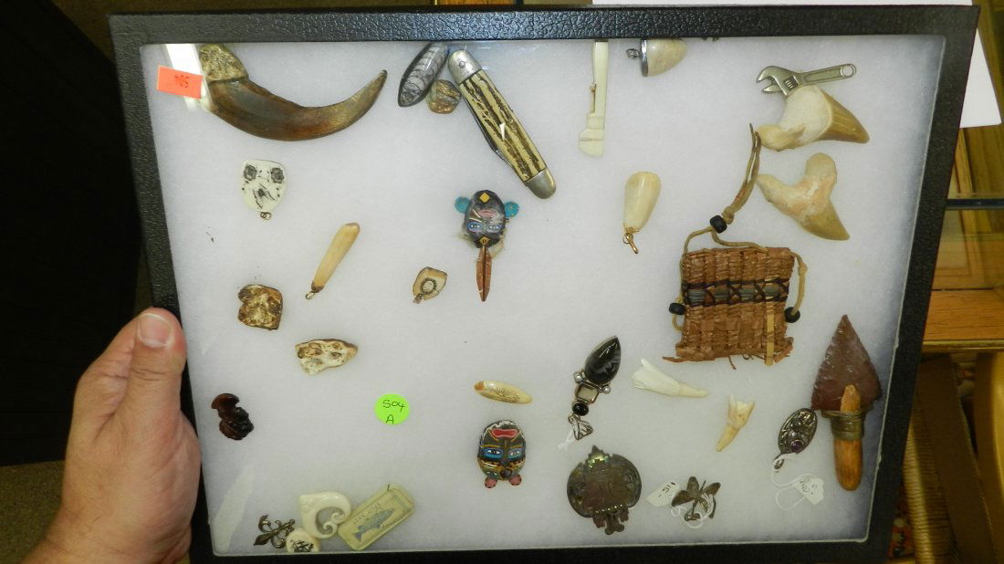 collection of Native American items, sharks teeth, kniv: collection of Native American items, sharks teeth, knives, bone carved items etc, No tray