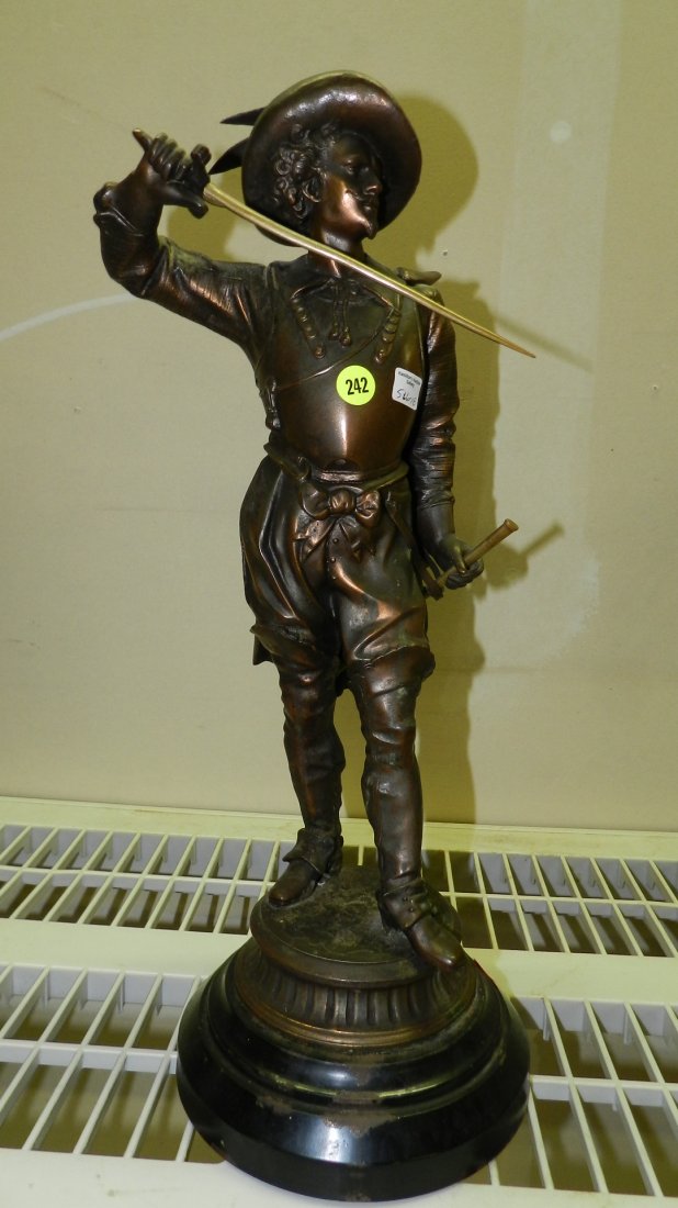 nice antique bronze cast statue on base, Don Cesar: nice antique bronze cast statue on base, Don Cesar Musketeer Buccaneer Swashbuckler Statue cond G, splits to arm