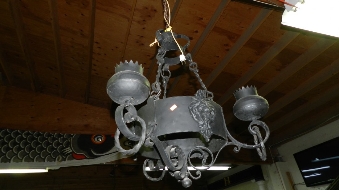 nice antique / vintage cast metal hanging light with li: nice antique / vintage cast metal hanging light with lion,s head (1 of 2) with white glass shades not shown