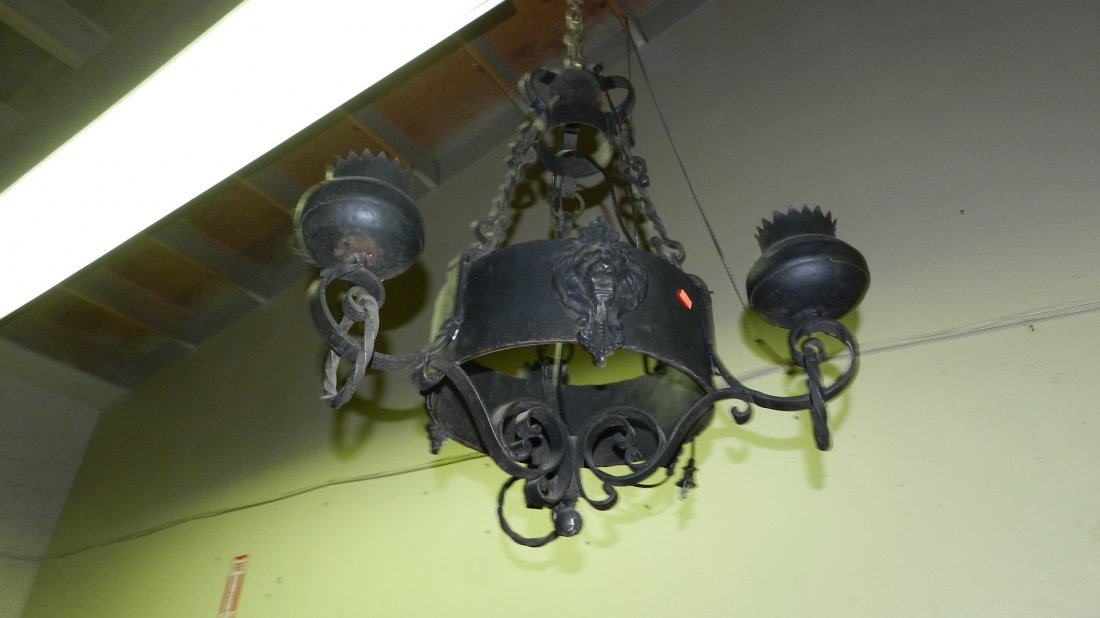 nice antique / vintage cast metal hanging light with li: nice antique / vintage cast metal hanging light with lion,s head (2 of 2) with white glass shades not shown
