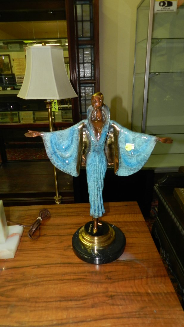 Lovely bronze sculpture, Erte STYLE, woman in teal dre: Lovely bronze sculpture, Erte STYLE, woman in teal dress art deco style, signed