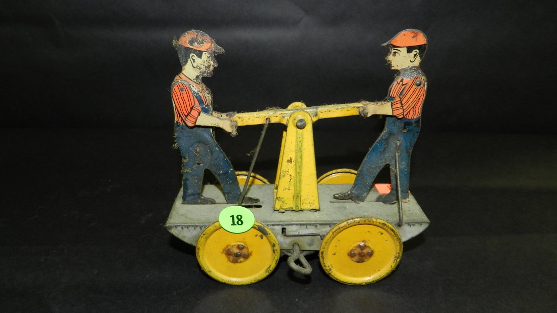 Antique tin litho wind up toy, railroad inspection: Antique tin litho wind up toy, railroad inspection cart, works
