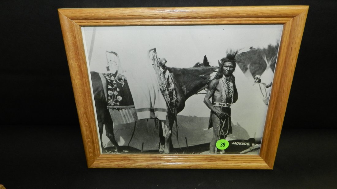 Original framed black and white vintage (1950's) photo: Original framed black and white vintage (1950's) photo of Native American Indian Warrior, with horse and teepee's