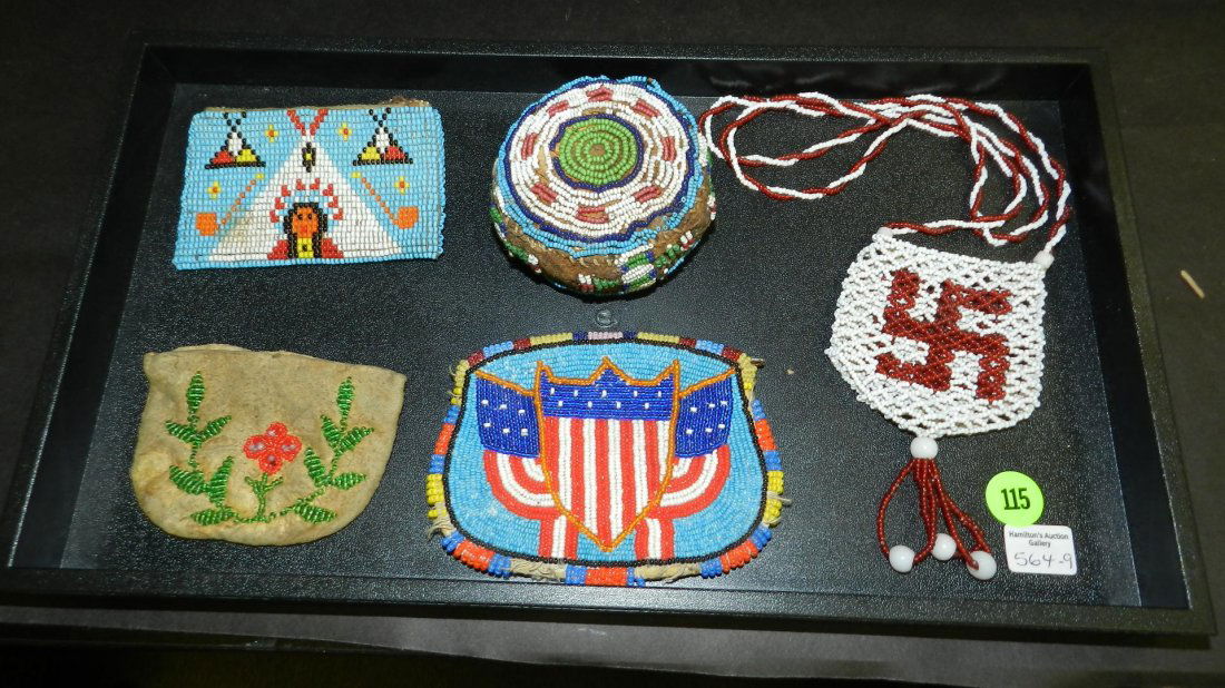 Collection of Native American beaded items, medicine: Collection of Native American beaded items, medicine pouch, etc. No tray