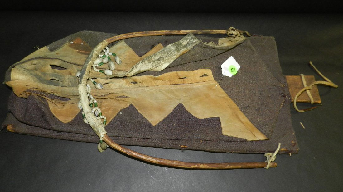 Original Native American handmade papoose with shells: Original Native American handmade papoose with shells and leather