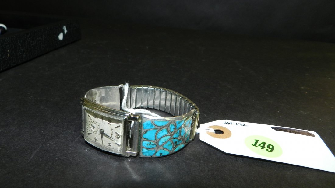 Vintage Native American Zuni watch band, turquoise &: Vintage Native American Zuni watch band, turquoise & silver, watch by Benrus, Swiss, running