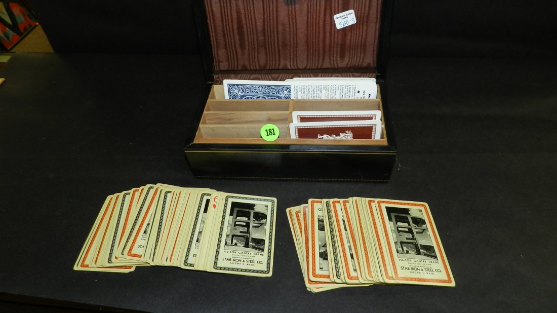Double deck of vintage advertising playing cards, with: Double deck of vintage advertising playing cards, with others, for Star Iron & Steel CO. in Tacoma WA. Comes in personalized card case