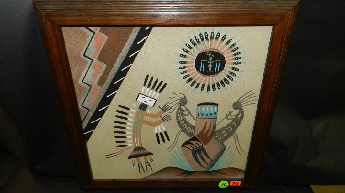 framed Native American sand art on board by Navajo: framed Native American sand art on board by Navajo artist Pauline Yazzie, Kachina dancers,
