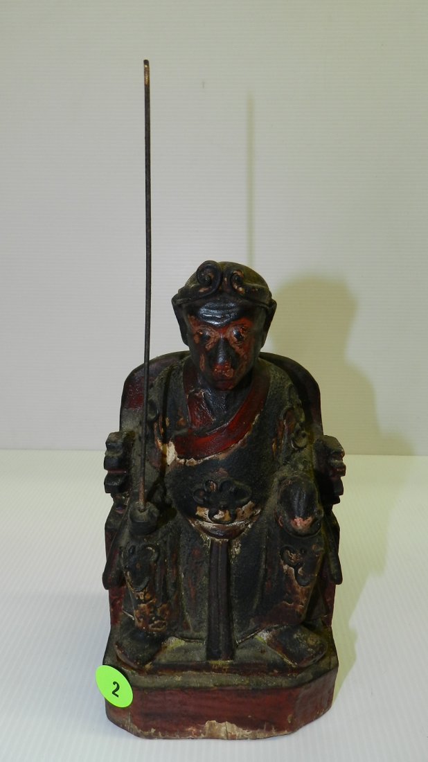 Fine old carved Antique Asian wooden figure of Chinese: Fine old carved Antique Asian wooden figure of Chinese "Monkey King" on throne with staff, show nice patina, paint, cond G, loss due to age,