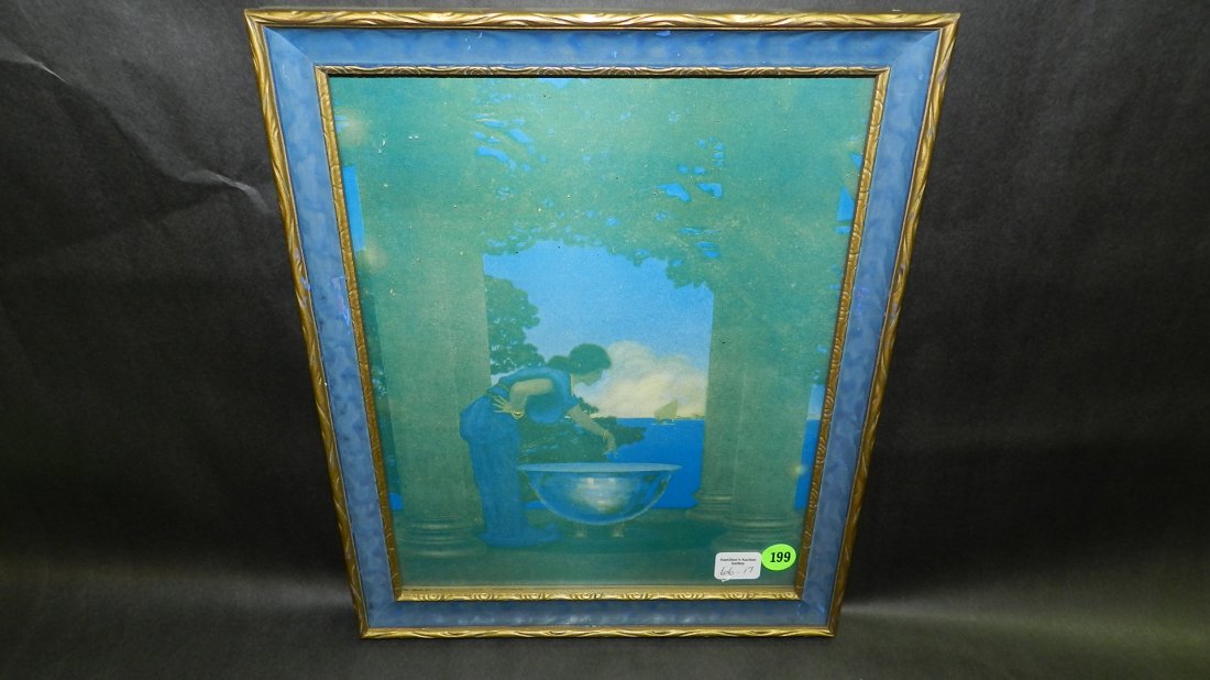 antique Maxfield Parrish style original framed paint: antique Maxfield Parrish style original framed paint with woman and urn, label story on back