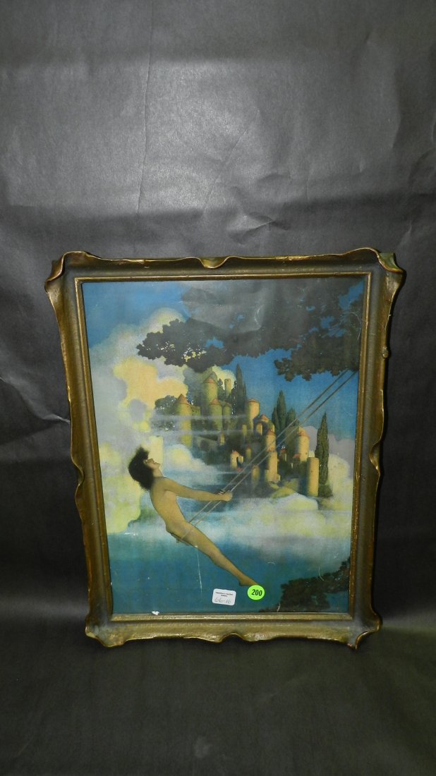 antique Maxfield Parrish print in pie crust edge frame,: antique Maxfield Parrish print in pie crust edge frame, cond VG