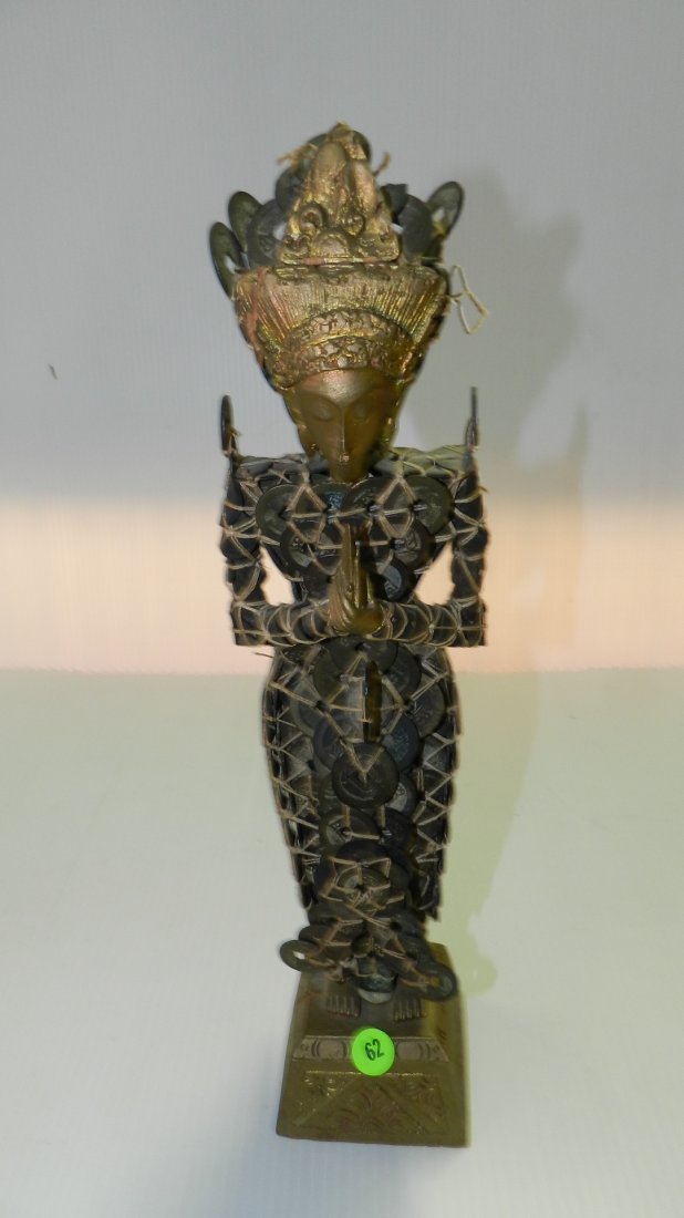 Unique vintage / antique? Chinese coin made figure,: Unique vintage / antique? Chinese coin made figure, temple goddess, on wood base. Entire figure made