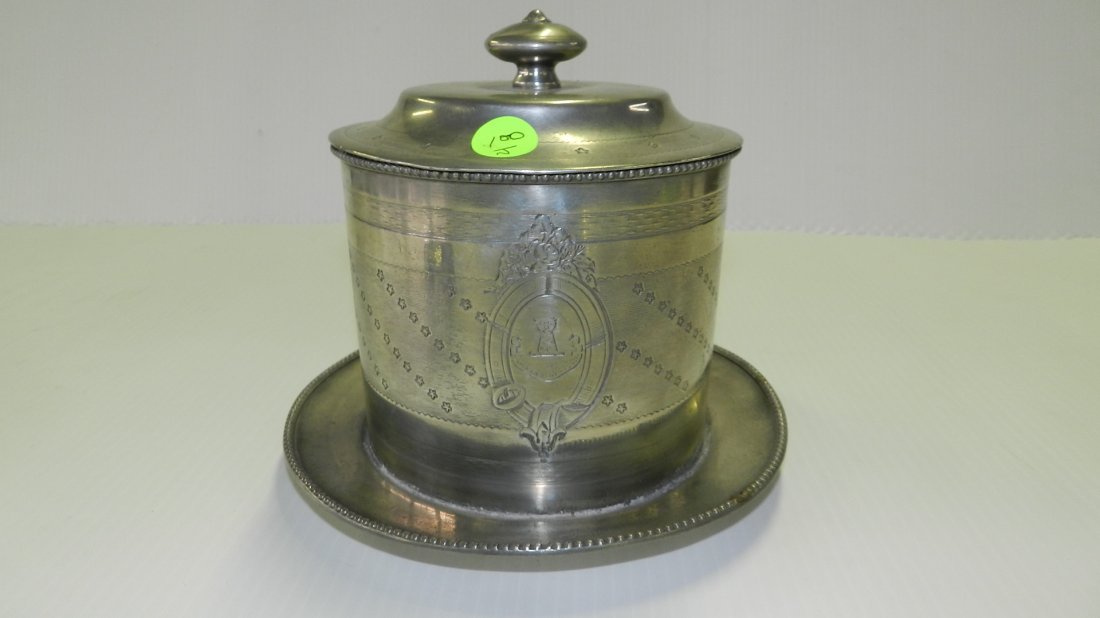 Unique antique / vintage pewter humidor, with etched: Unique antique / vintage pewter humidor, with etched crest scene, stamped James Dixson & Sons, COND