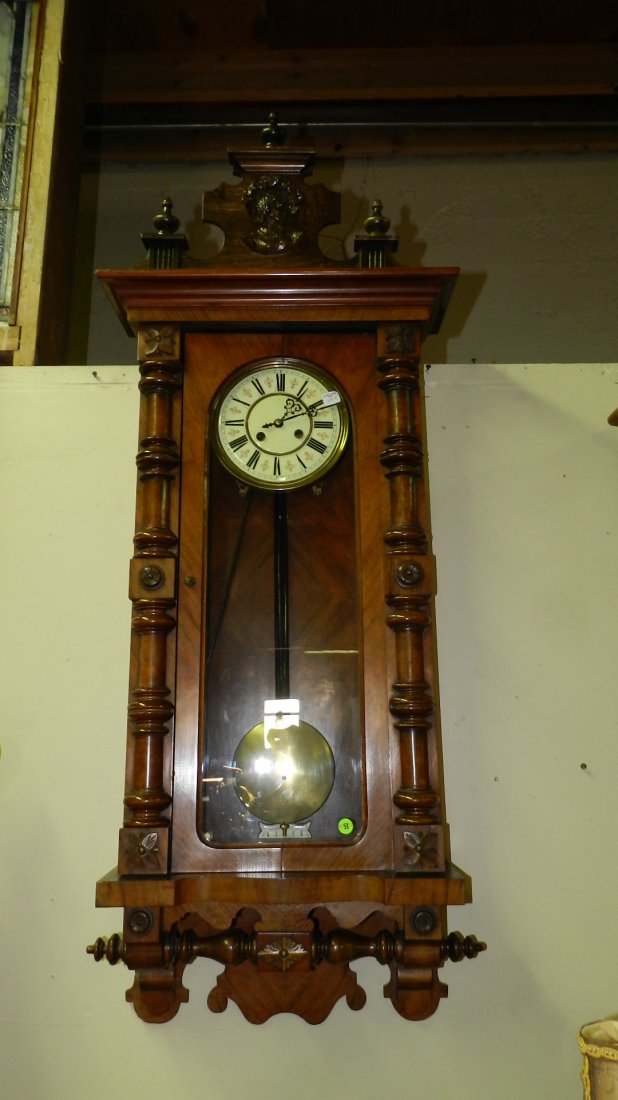 2) Antique Royal Vienna carved tall case wall clock,: 2) Antique Royal Vienna carved tall case wall clock, with Neoclassical face, pillared front, cond VG