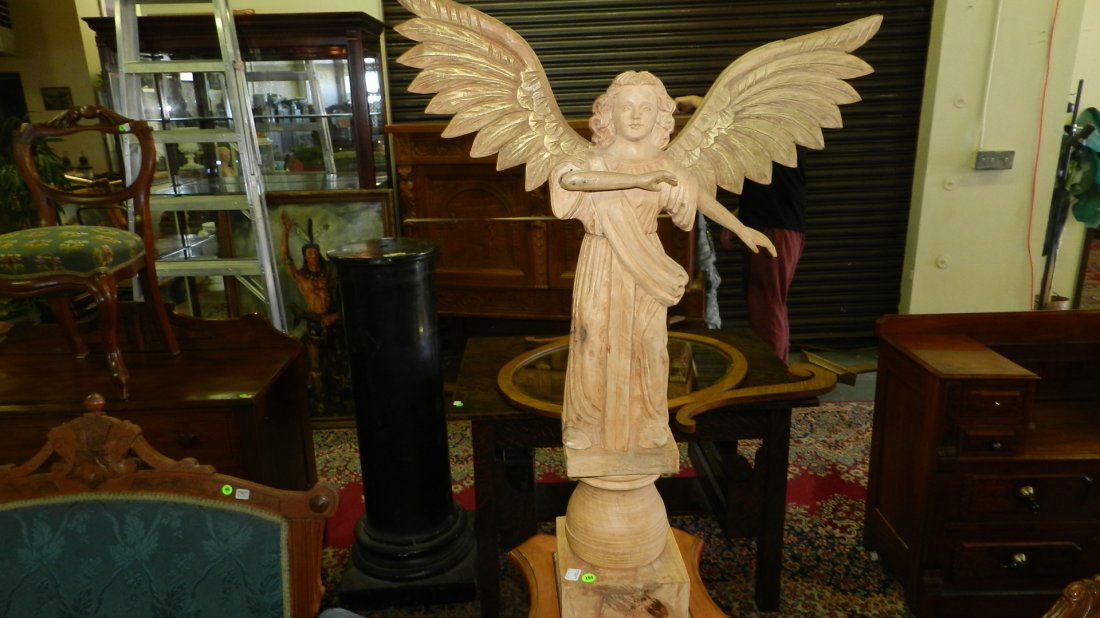 nice carved wooden Santos style angel figurine on base: nice carved wooden Santos style angel figurine on base with removable wings & articulated arm, COND VG