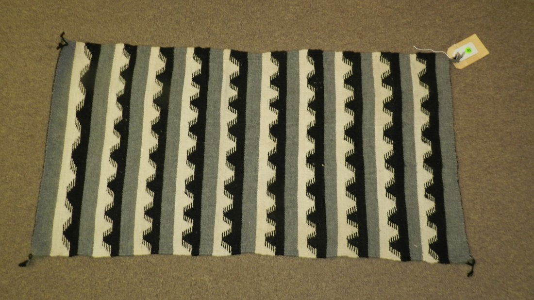 Original hand loomed Native American Navajo rug, Two: Original hand loomed Native American Navajo rug, Two Grey Hills, Geometric design, lebaled, by weaver Anna Chee, cond VG