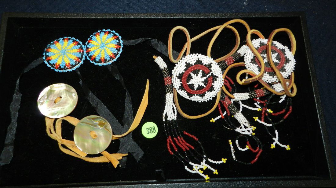 collection of handmade Native American beaded and: collection of handmade Native American beaded and leather decor items, no tray