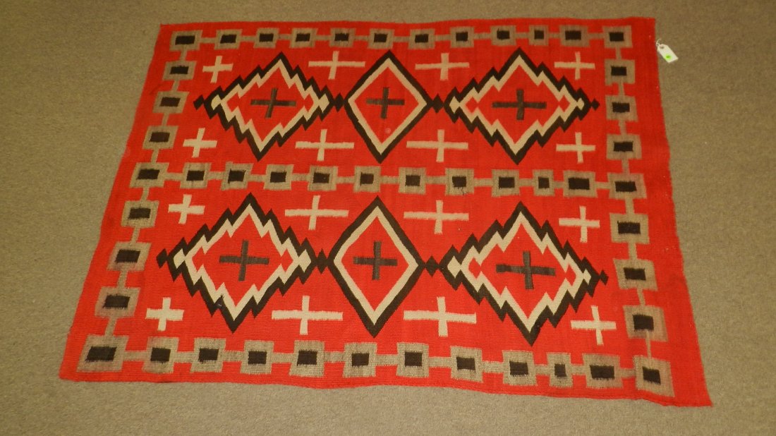antique / vintage Original hand loomed Native American: antique / vintage Original hand loomed Native American Navajo rug, with cross design, cond G-VG, shows spots-staining