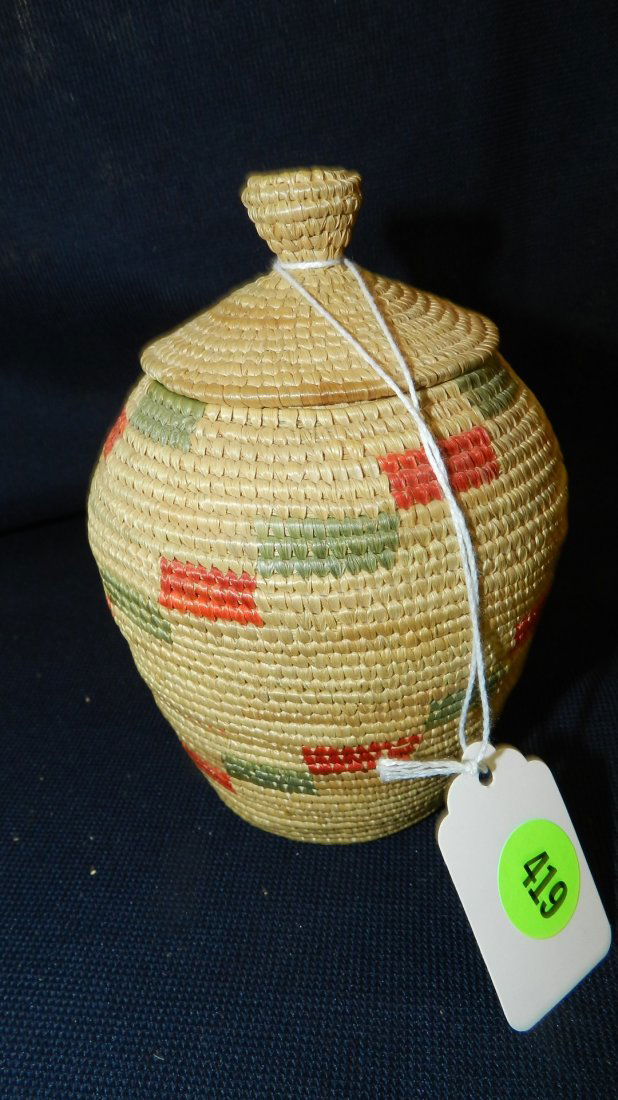 Native American Alaskan grass basket with lid, multi