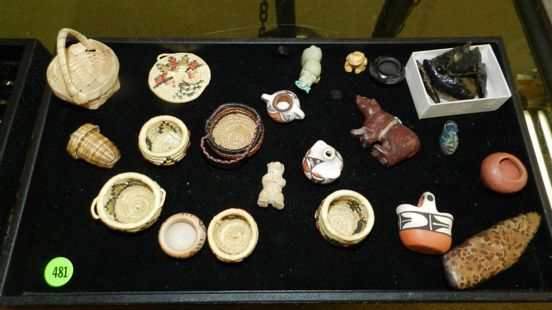 Group of original handmade and painted Native American: Group of original handmade and painted Native American vessels and baskets - miniatures, etc. some signed, No tray.