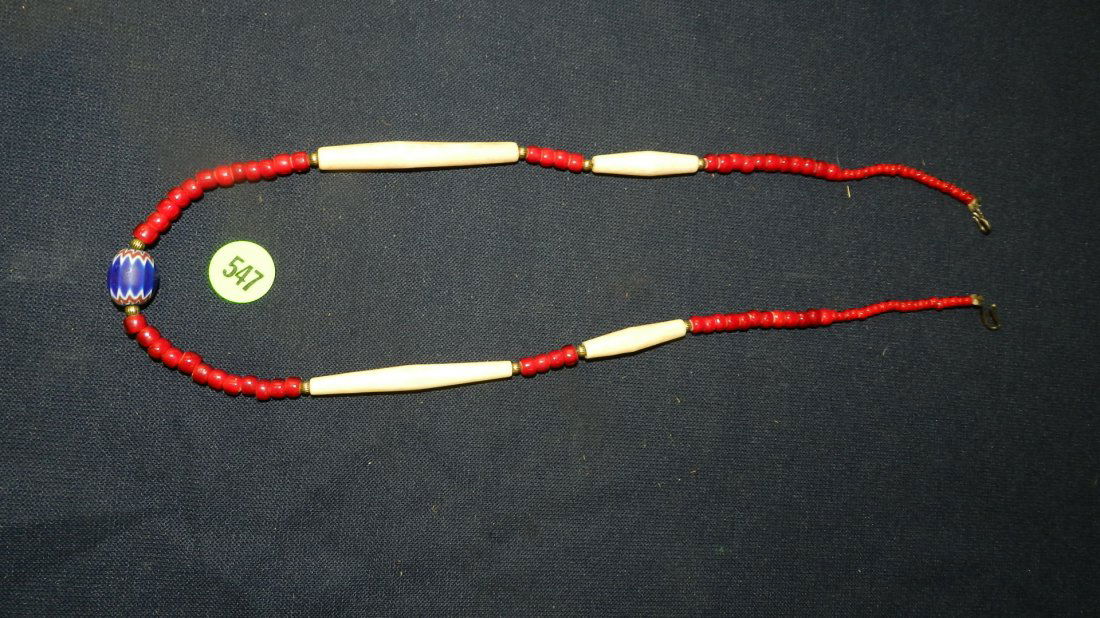 Nice Native American hand cut Ruby glass Russian? trade: Nice Native American hand cut Ruby glass Russian? trade bead necklace, with 1 Chevron and hairpipes, COND VG