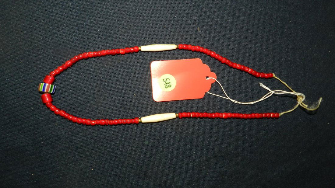 Nice Native American hand cut Ruby glass Russian? trade: Nice Native American hand cut Ruby glass Russian? trade bead necklace, with 1 Chevron and hairpipes, COND VG
