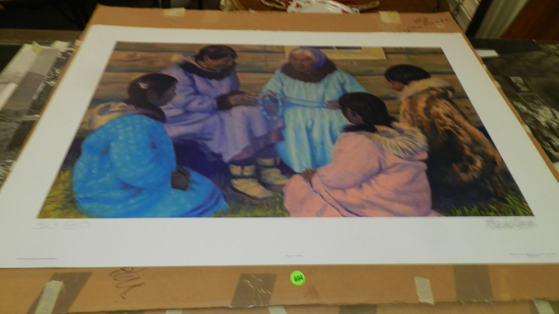 unframed Native American scene signed and numbered: unframed Native American scene signed and numbered litho by F. Machetan titled "Story of the Beads"