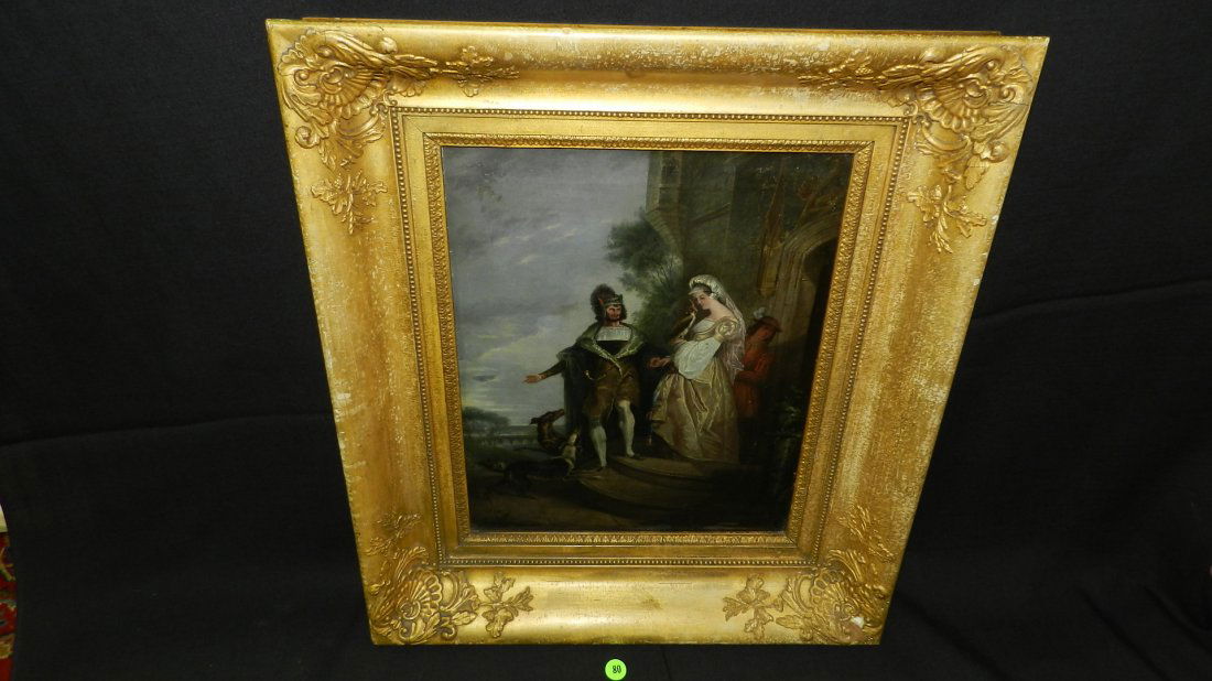 beautiful antique oil painting on canvas by listed: beautiful antique oil painting on canvas by listed American artist Thomas Gold Appleton (1812-1884) depicting man and woman with dog, signed and info on back of canvas, period frame, dated 1831, cond