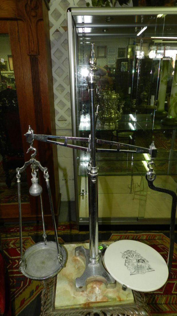 nice antique Scottish Cooperative Wholesale Society: nice antique Scottish Cooperative Wholesale Society Nickel Equal Arm Beam Scale Porcelain Tray, cond VG