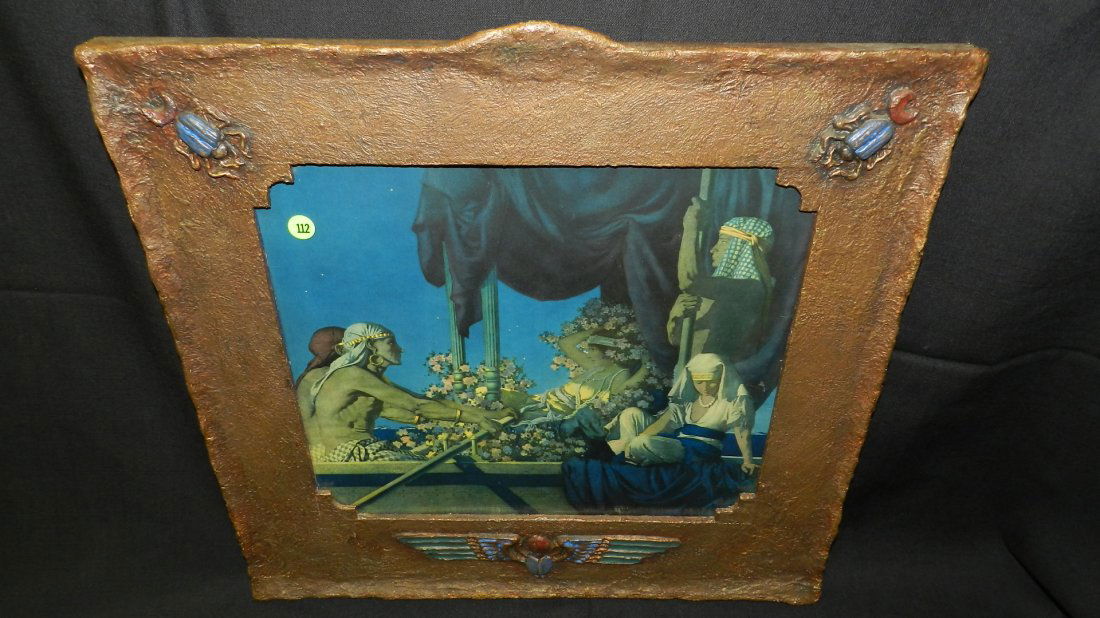wonderful vintage Cleopatra print by maxfield Parrish: wonderful vintage Cleopatra print by maxfield Parrish in art deco frame, with walking and flying scarabs, This beautiful print has been professionally mounted with acid free backing and UV protective