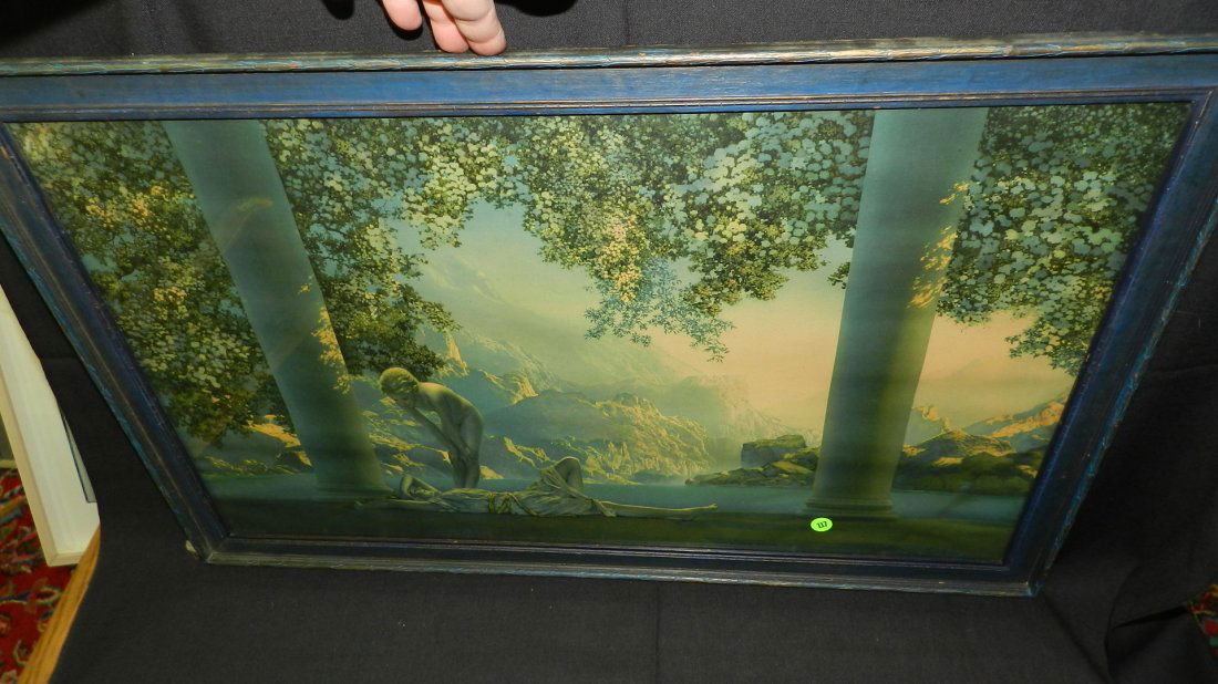 Original Maxfield Parrish framed print titled "Day: Original Maxfield Parrish framed print titled "Day Break", period frame, This beautiful print has been professionally mounted with acid free backing and UV protective glass, slight discolor? in corner