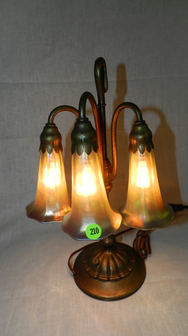 Stunning Authentic Tiffany Studios 3 Light Lily Lamp,: Stunning Authentic Tiffany Studios 3 Light Lily Lamp, base stamped Tiffany Studios New York #306, nice "Dore Gold" finish, 3 art glass shades (unmarked), cond VG works
