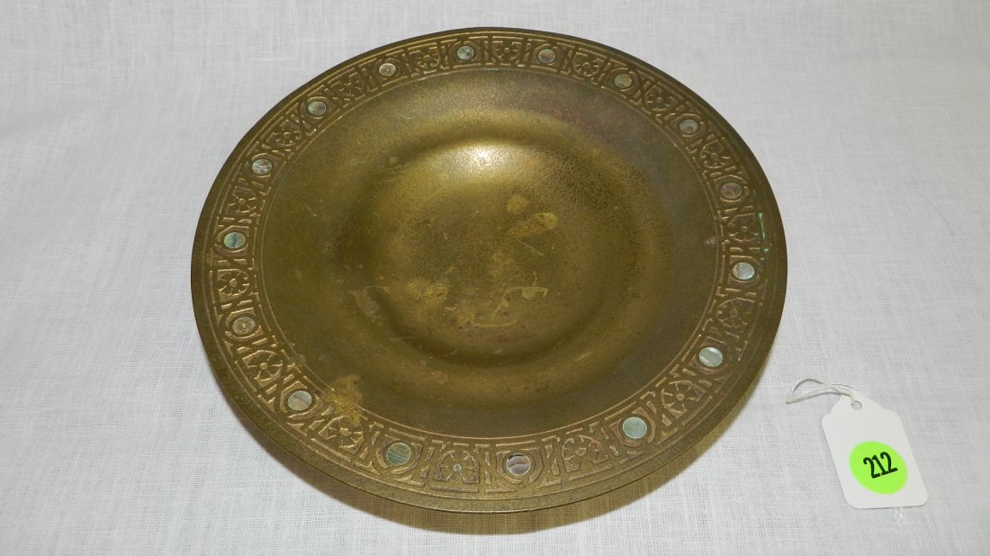 lovely stamped Tiffany Studios New York # 1723 Gilt: lovely stamped Tiffany Studios New York # 1723 Gilt Dore Bronze Plate / bowl, 9" Abalone Inlay (missing one piece) cond G slight discolor to inside center (we did not try to clean)