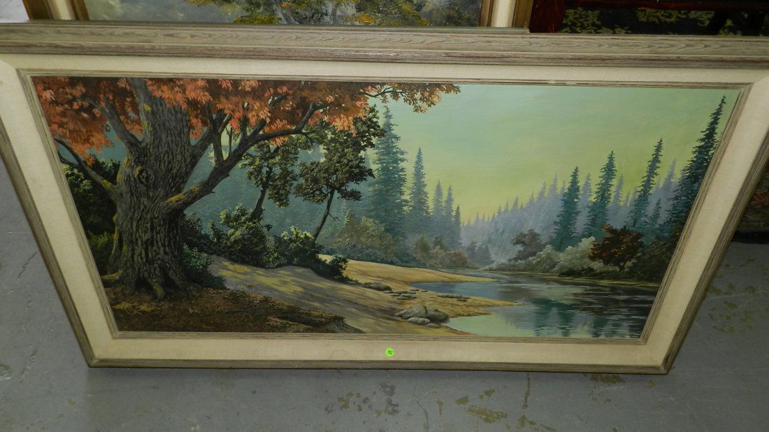 Beautiful vintage framed oil painting on canvas: Beautiful vintage framed oil painting on canvas "Amazing Detail" signed David Smith, lake and tree scene, cond VG special shipping required