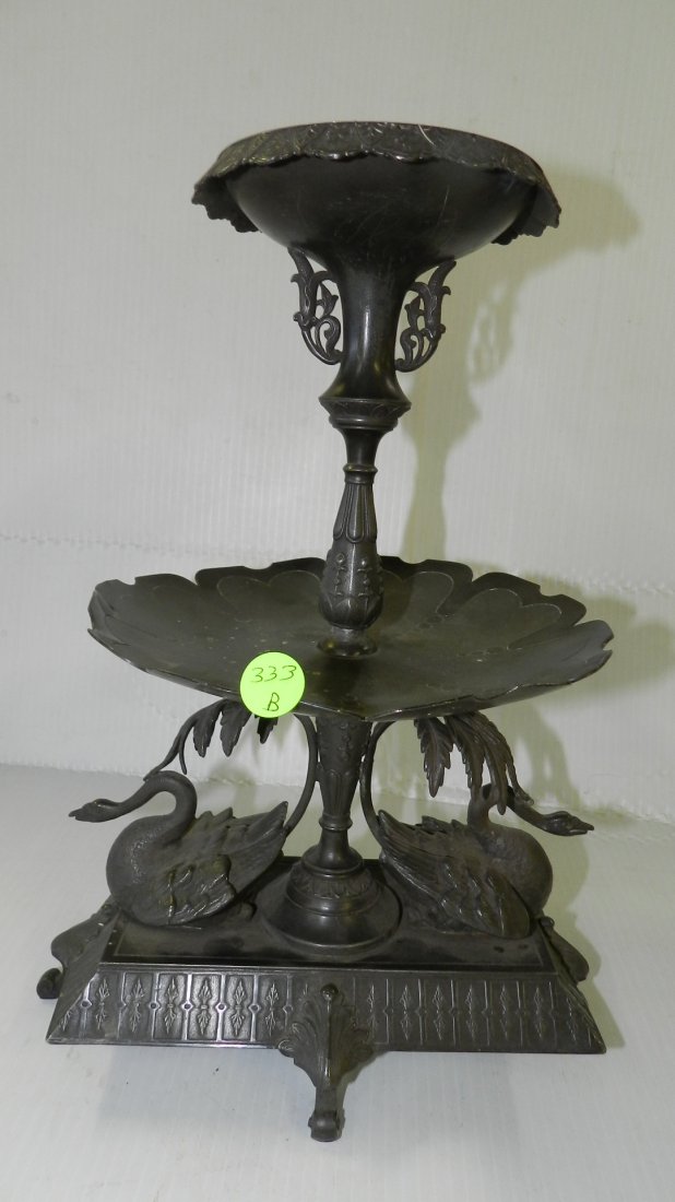 39) Wonderful, antique, silver plated, epergne style: 39) Wonderful, antique, silver plated, epergne style center piece, with trumpet vase top, center piece bowl & double swan base, by Meriden Silver Co. NO.0563. COND VG, unpolished