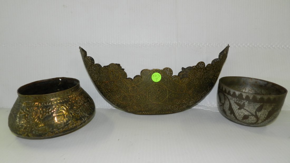 3 piece Islamic hand hammered and pierced metal ware: 3 piece Islamic hand hammered and pierced metal ware