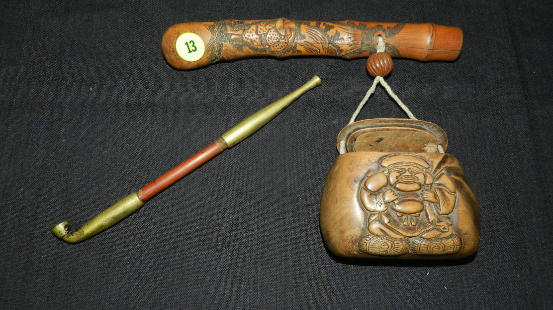 3 piece Chinese Opium pipe with carved holder and (1 of 6)