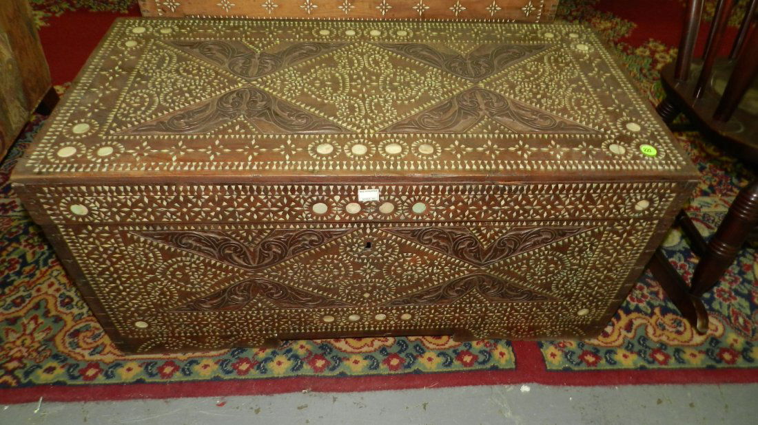 Unique carved & mother of pearl inlaid blanket chest. (1 of 6)