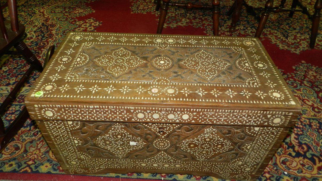 Nice carved & mother of pearl inlaid blanket chest. (1 of 4)