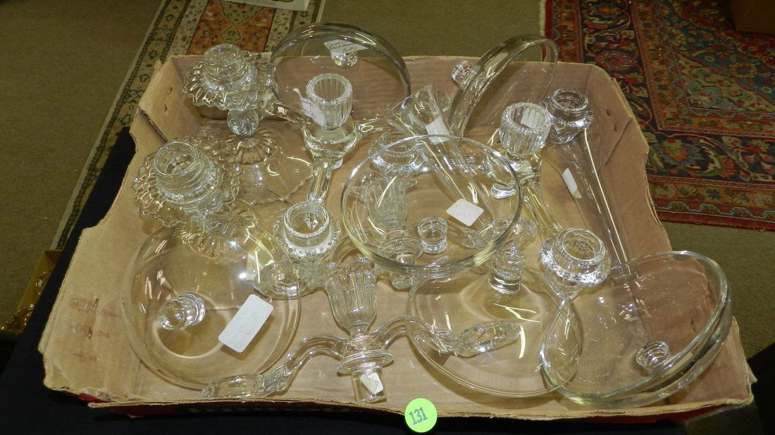 group of crystal Cambridge tri arm glass candle pieces, (1 of 2)