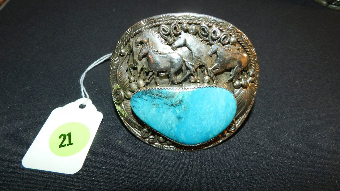 Breathtaking, Handmade Native American "Navajo": Breathtaking, Handmade Native American "Navajo" Sterling silver and large turquoise stone bracelet, with wild horse design, by Betty Bitsie