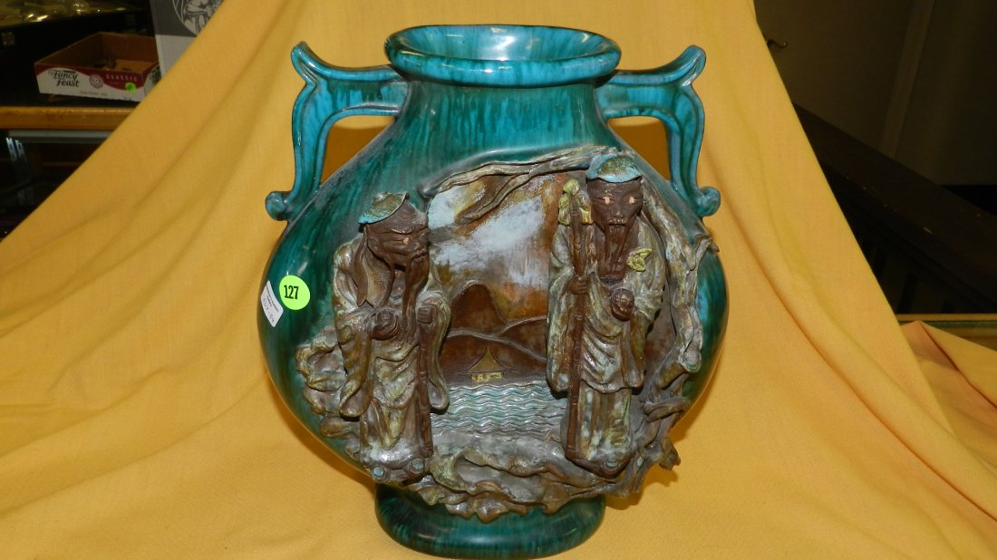 Nice Mid Century Modern Fantoni Italian Painted Vase /: Nice Mid Century Modern Fantoni Italian Painted Vase / lamp base Raymor, with Asian scene, cond VG