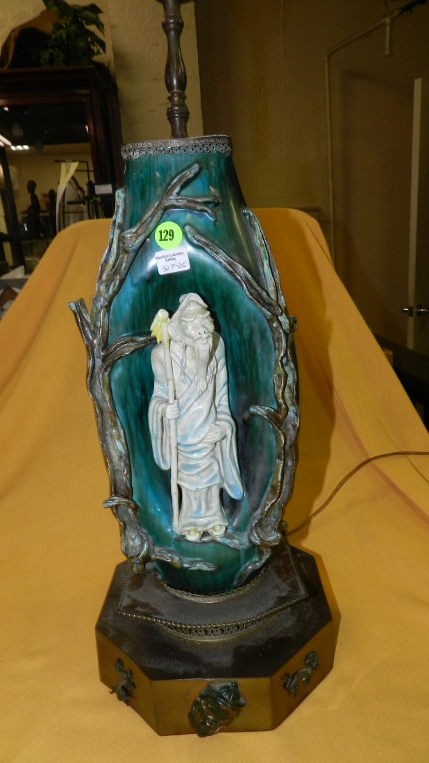 Nice Mid Century Modern Fantoni Italian Painted lamp: Nice Mid Century Modern Fantoni Italian Painted lamp Raymor, with Asian scene, cond VG