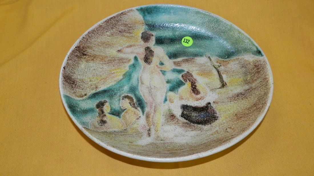 Nice Mid Century Modern Fantoni Italian Painted plate: Nice Mid Century Modern Fantoni Italian Painted plate with nude ladies scene Raymor, cond VG
