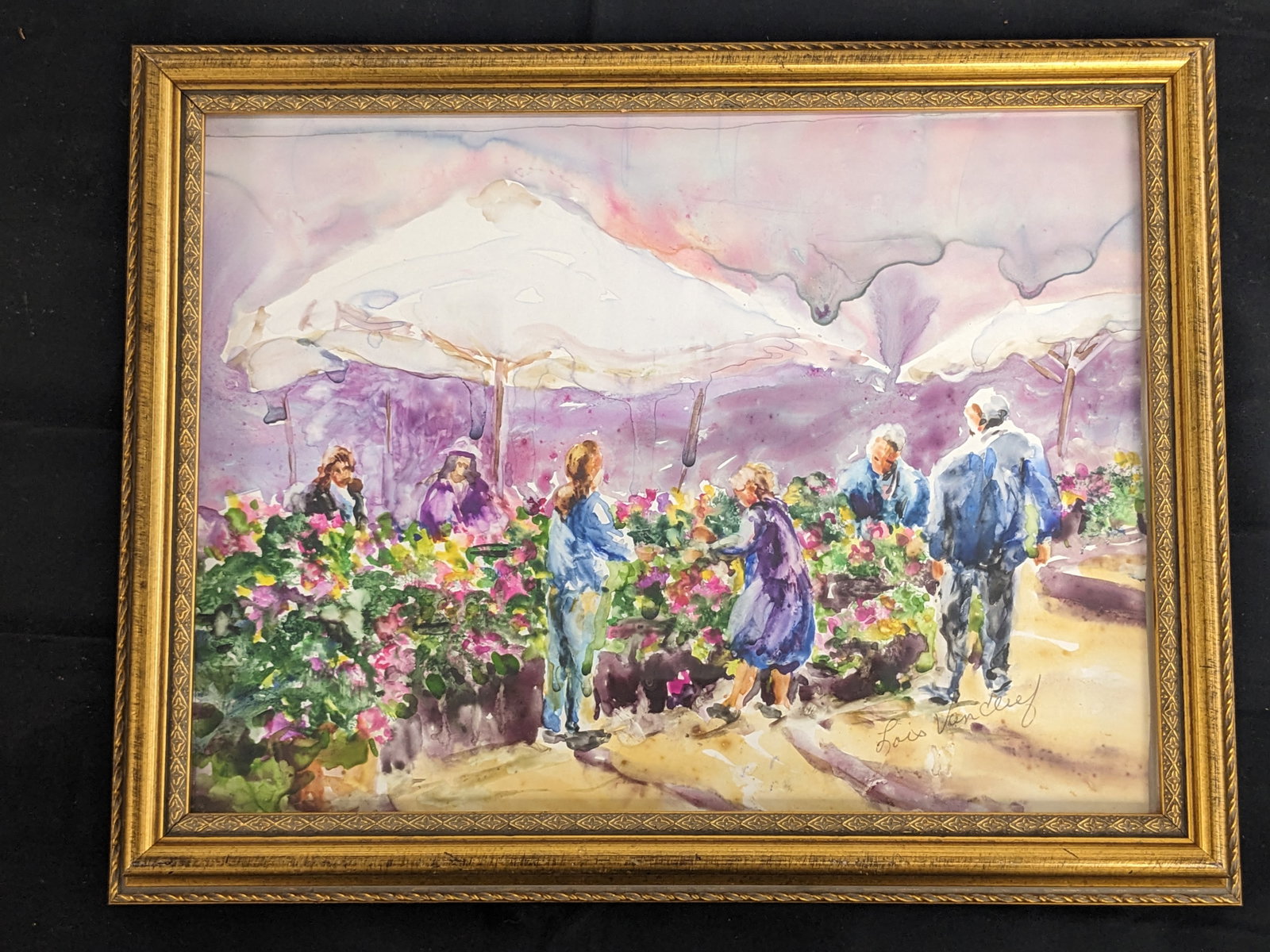 Lois Van Cleef Watercolor The Flower Market: well framed watercolor by the late Berkshires artist Lois Van Cleef title is The Flower Market, f 11x14, im 8.5x11.