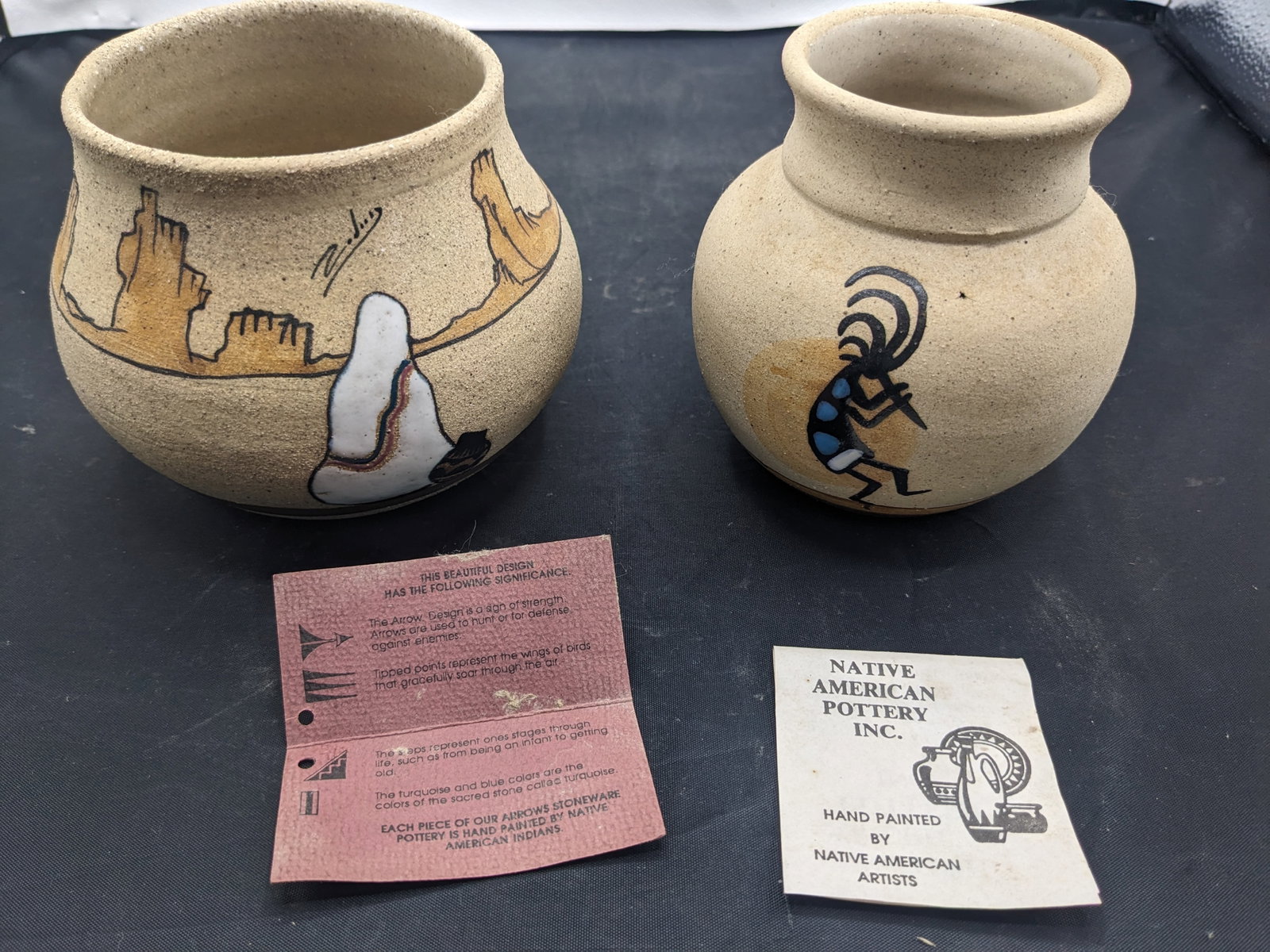 Zodin signed Native American Pottery: Two vessels sigend Zodin. Taller one is5.5 x 4.5 inches, shorter one is 4x4.5 inches