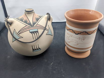 Mexican Pottery Vessels: Water vessel signed Arrows '84 is 7x3x7. Vase marked Made in Mexicao is 6.25x5.